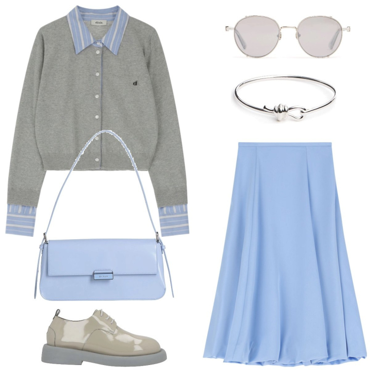 Outfit donna - Celeste. Stile Bon Ton per Tutti i giorni. Abbinamento con borse a spalla, scarpe stringate, gonne longuette, cardigans, occhiali da sole, braccialetti.
