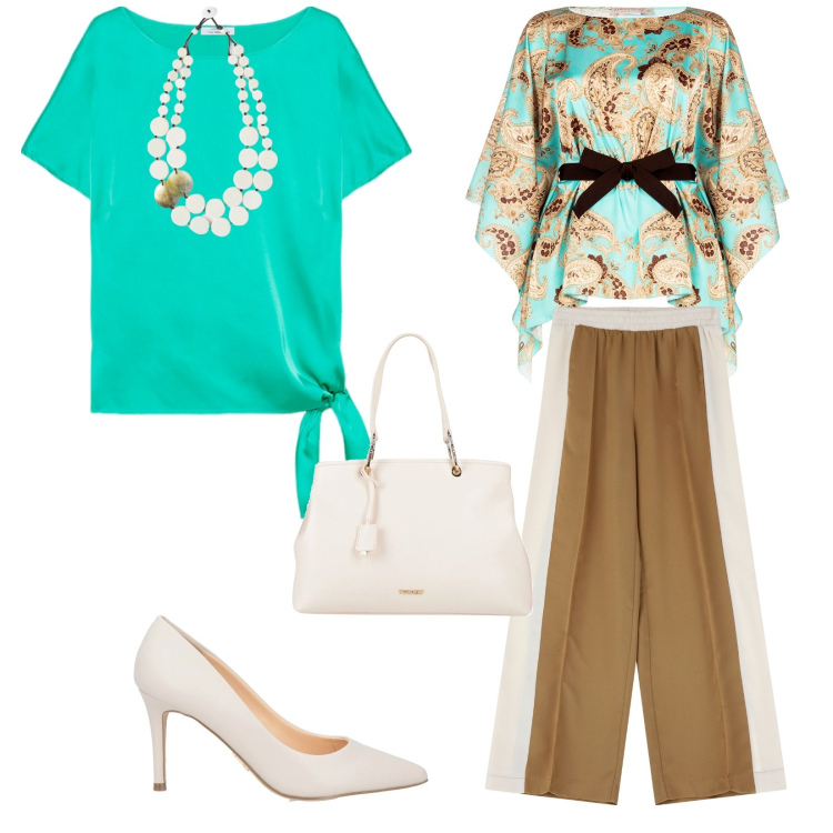 Outfit donna - Look versatile. Stile Casual chic per Cerimonia. Abbinamento con borse a mano, décolleté, bluse, pantaloni, bluse, ciondoli.