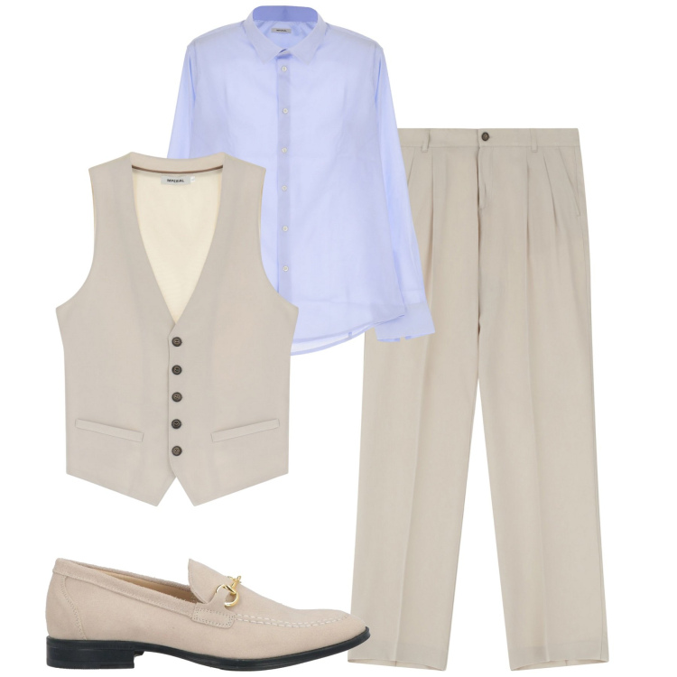 Outfit uomo - Aprile. Stile Business/Elegante per Tutti i giorni. Abbinamento con scarpe stringate, camicie, pantaloni, gilet.