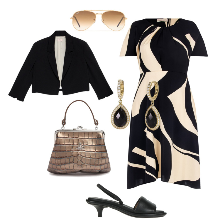 Outfit donna - Total look #2118552. Stile Chic per Cerimonia. Abbinamento con sandali in pelle, orecchini, vestiti corti, occhiali da sole, borse a mano, bolero.