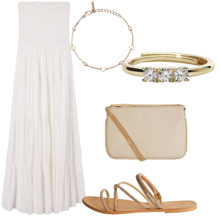 Outfit donna - Total look #2118556. Stile Romantica per Mare. Abbinamento con sandali, borse a tracolla, vestiti lunghi, anelli, braccialetti.