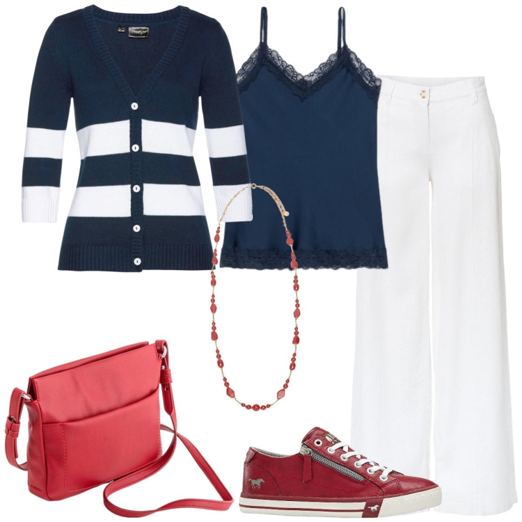 Outfit donna - Dinamica. Stile Casual per Tutti i giorni. Abbinamento con pantaloni a palazzo, cardigans, sneakers, borse a tracolla, top, collane.