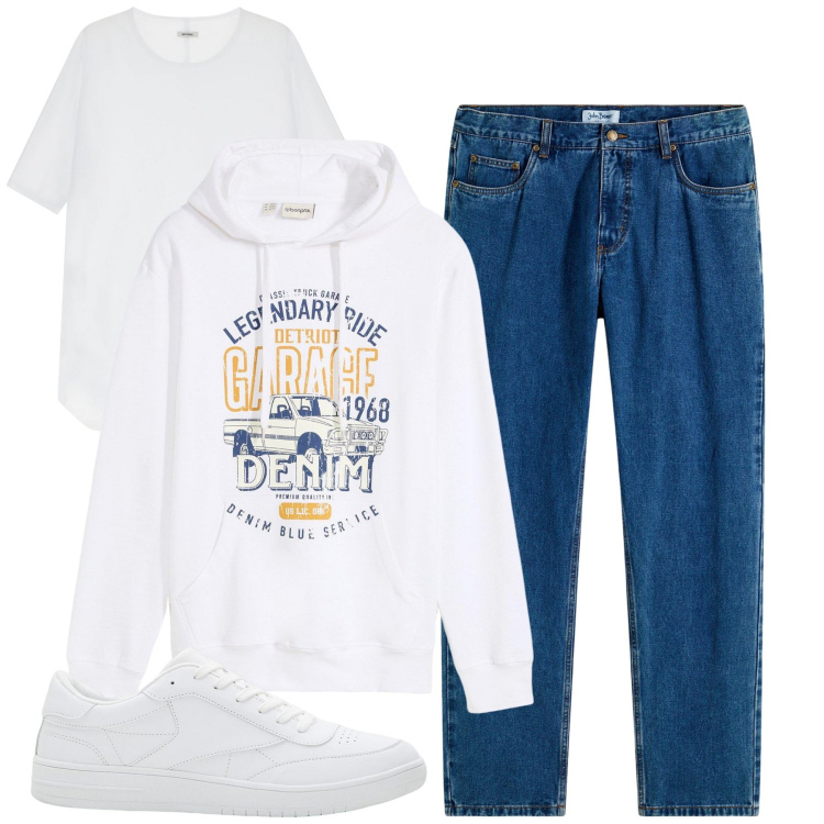 Outfit uomo - City. Stile Casual per Tutti i giorni. Abbinamento con jeans dritti, sneakers, felpe con cappuccio, t-shirt.