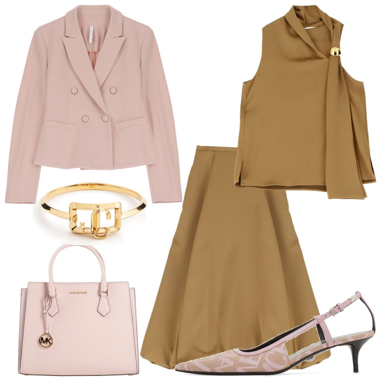 Outfit donna - Rosa e cioccolato. Stile Bon Ton per Cerimonia. Abbinamento con borse a mano, gonne longuette, top, blazer, décolleté, braccialetti.