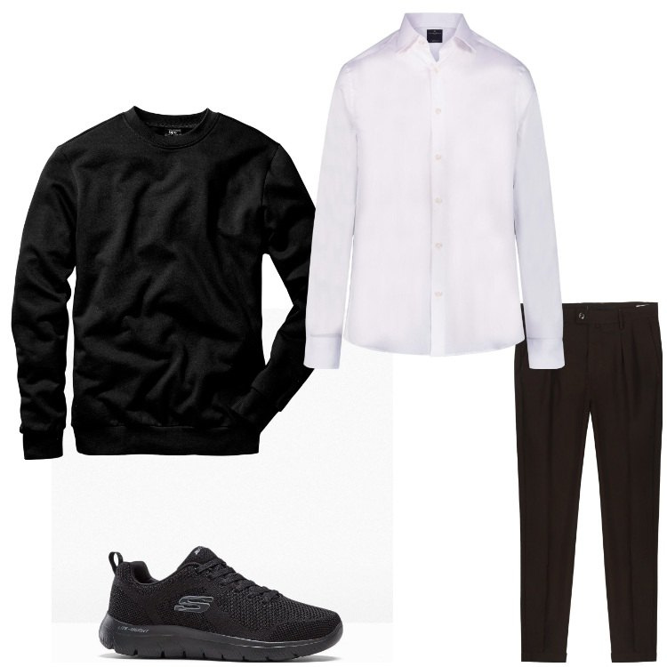Outfit uomo - Bianco e nero. Stile Casual per Tutti i giorni. Abbinamento con felpe, sneakers, camicie, pantaloni.