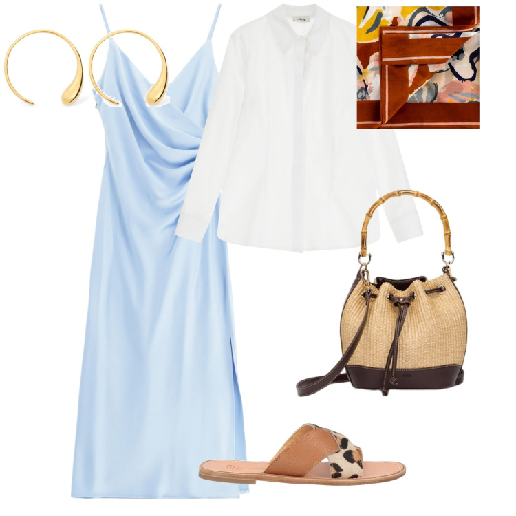 Outfit donna - Un vestito, tanti modi. per Mare. Abbinamento con sandali, foulard, vestiti midi/longuette, camicie, borse a secchiello, orecchini.