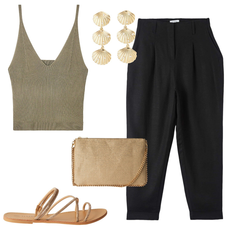Outfit donna - Verde e nero. Stile Casual chic per Serata fuori. Abbinamento con orecchini, borse a tracolla, pantaloni chino, top, sandali.