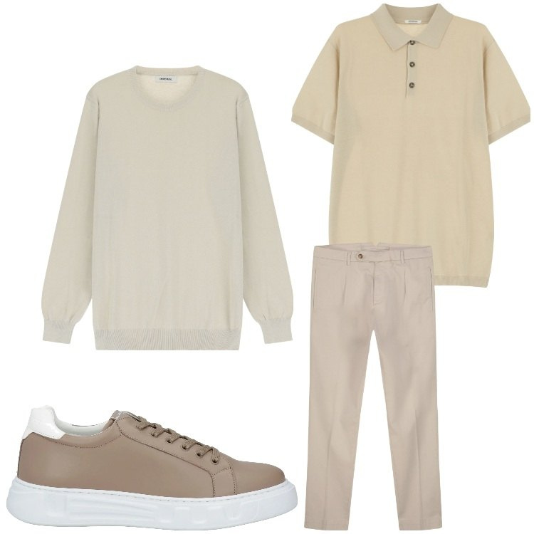 Outfit uomo - Tutto beige. Stile Casual per Ufficio. Abbinamento con sneakers, maglieria, polo, pantaloni.