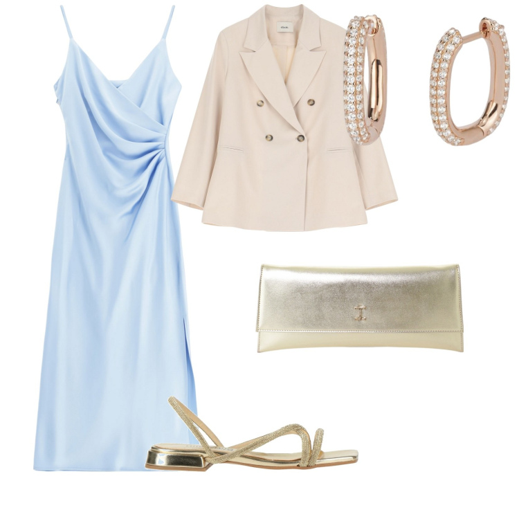 Outfit donna - Una calda cerimonia. per Cerimonia. Abbinamento con sandali, orecchini, vestiti midi/longuette, pochette, blazer.
