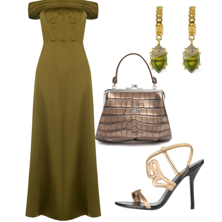 Outfit donna - Pura eleganza. Stile Chic per Cerimonia. Abbinamento con sandali in pelle, vestiti lunghi, orecchini, borse a mano.