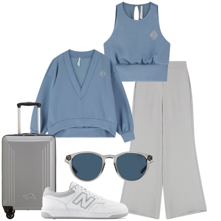 Outfit donna - Total look #2118583. Stile Sporty chic per Ufficio. Abbinamento con sneakers, top, pantaloni, maglieria, occhiali da sole, valigie.
