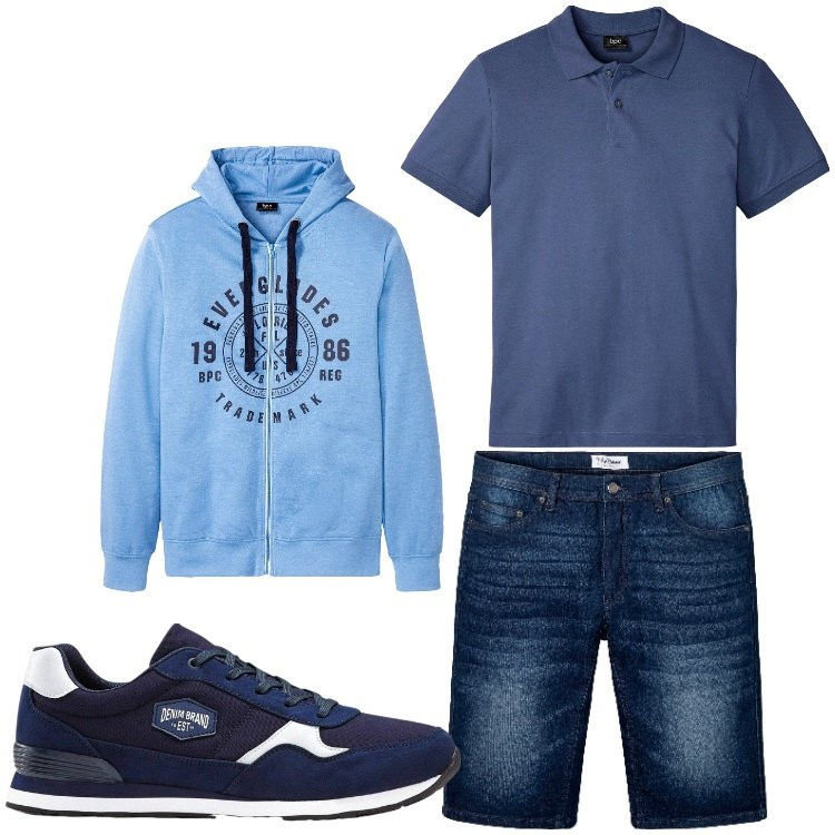 Outfit uomo - Relax. Stile Casual per Tutti i giorni. Abbinamento con sneakers, polo, bermuda, felpe con cappuccio.