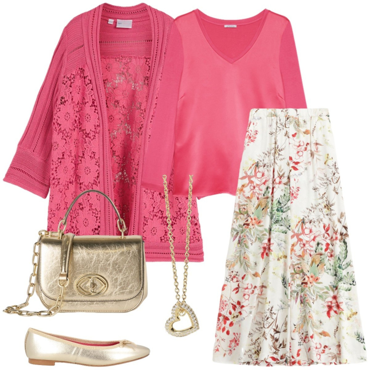 Outfit donna - Corallo. Stile Romantica per Tutti i giorni. Abbinamento con cardigans, ballerine, collane, pantaloni, t-shirt, borse a tracolla.