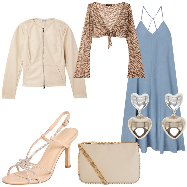 Outfit donna - Occasioni speciali. Stile Bon Ton per Cerimonia. Abbinamento con blazer, borse a tracolla, orecchini, vestiti lunghi, bolero, sandali col tacco.