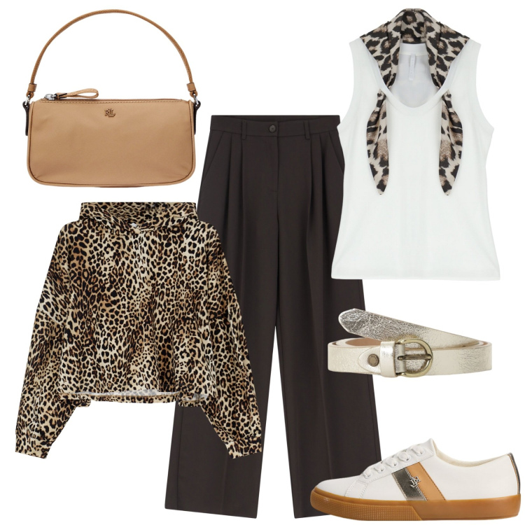 Outfit donna - Total look #2118592. Stile Casual chic per Ufficio. Abbinamento con felpe con cappuccio, pantaloni, top, sneakers, pochette, cinture.