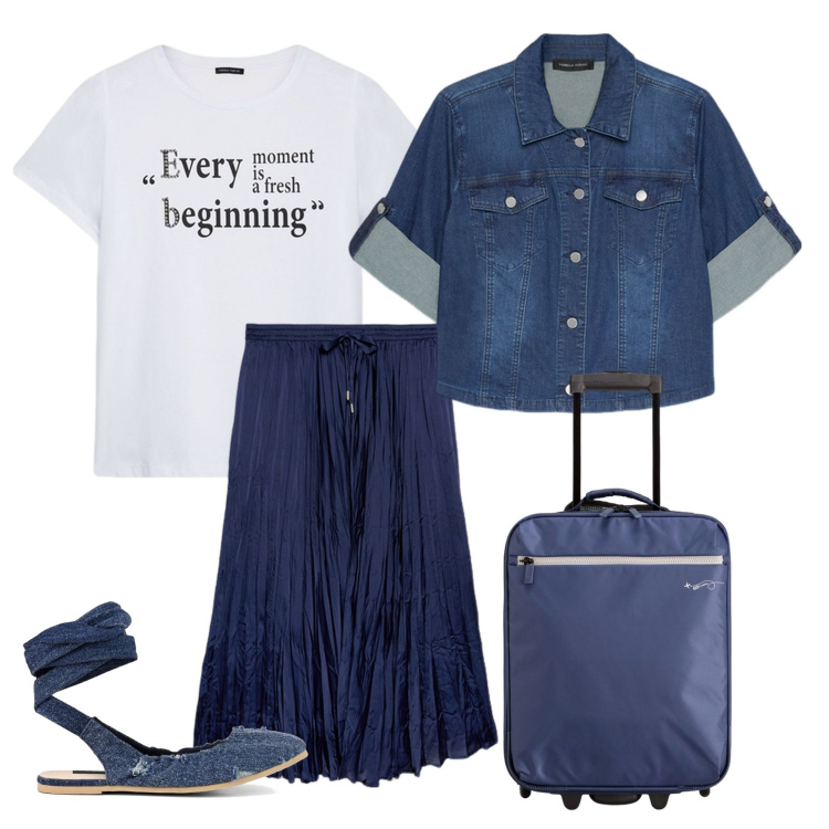 Outfit donna - Si comincia con un viaggio. Stile Casual per Tutti i giorni. Abbinamento con gonne lunghe, ballerine, t-shirt, blazer, valigie.