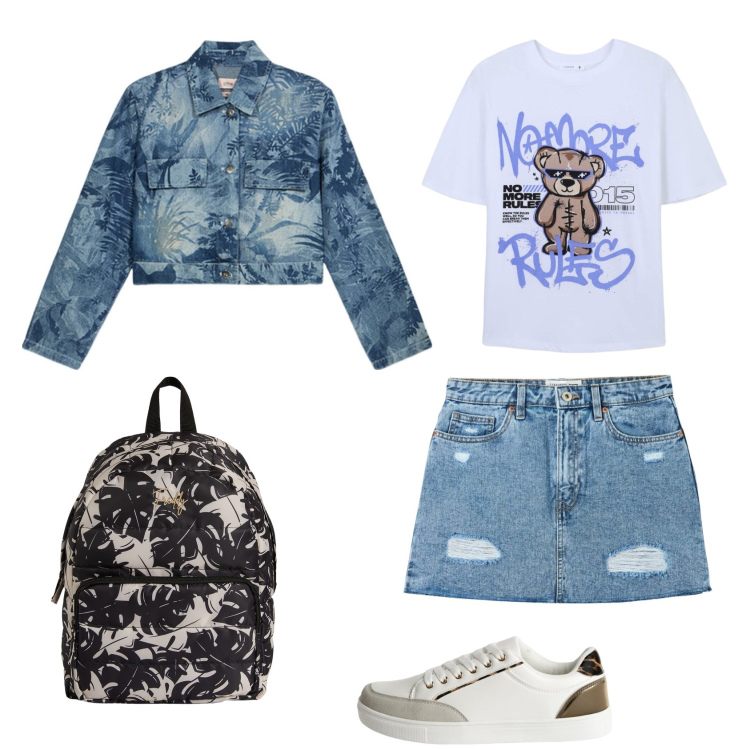 Outfit donna - Total look #2118596. Stile Casual per Scuola/Università. Abbinamento con sneakers, minigonne, t-shirt, zaini, blazer.