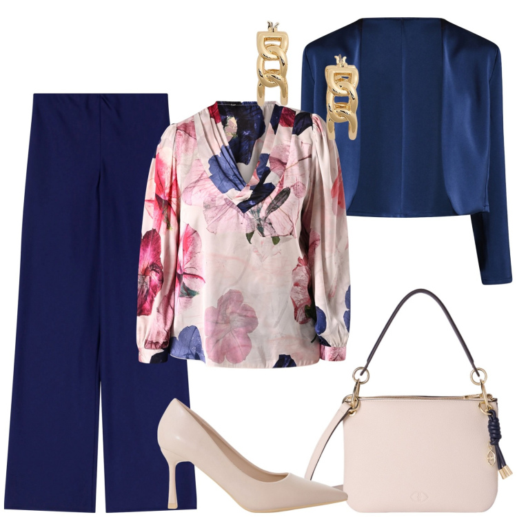 Outfit donna - Total look #2118598. Stile Chic per Cerimonia. Abbinamento con bluse, bolero, pantaloni, décolleté, orecchini, borse a tracolla.