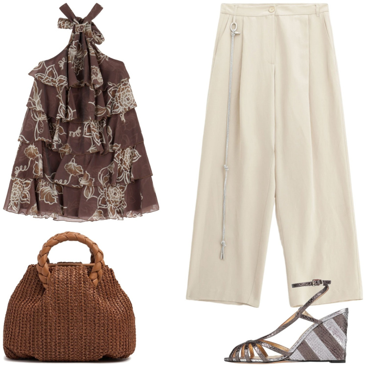 Outfit donna - Total look da giorno. Stile Casual chic per Tutti i giorni. Abbinamento con sandali in pelle, pantaloni, vestiti corti, borse a mano.