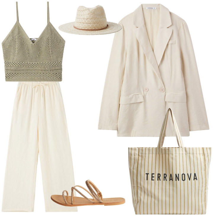 Outfit donna - Passeggiata sul lungomare. Stile Sporty chic per Tutti i giorni. Abbinamento con blazer, cappelli, top, pantaloni, borse tote, sandali.