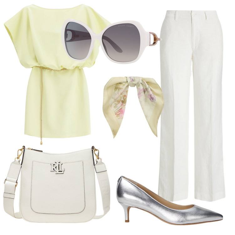 Outfit donna - Total look #2118610. Stile Bon Ton per Tutti i giorni. Abbinamento con vestiti corti, occhiali da sole, décolleté, pantaloni, borse a tracolla, foulard.