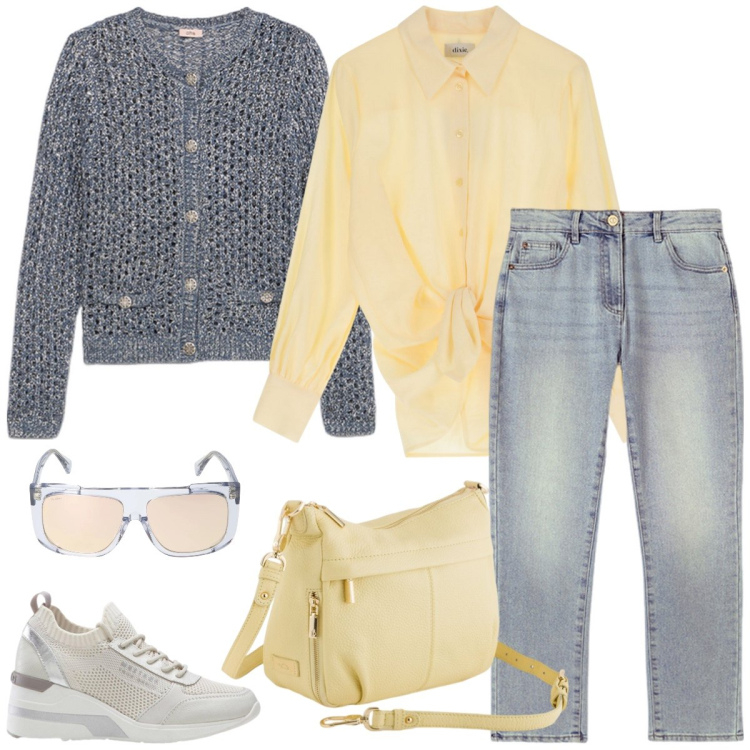 Outfit donna - Dinamica. Stile Sporty chic per Tutti i giorni. Abbinamento con sneakers, camicie, occhiali da sole, borse a tracolla, cardigans, jeans.