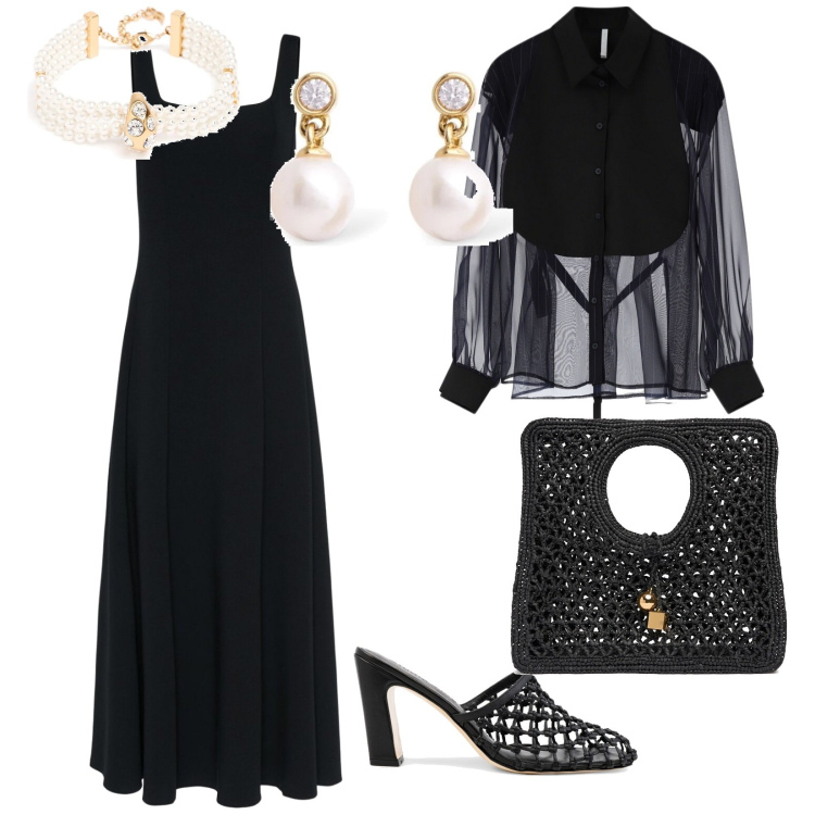 Outfit donna - Cerimonia estiva di sera. per Cerimonia. Abbinamento con camicie, collane, orecchini, pantofole, vestiti midi/longuette, shopping bag.
