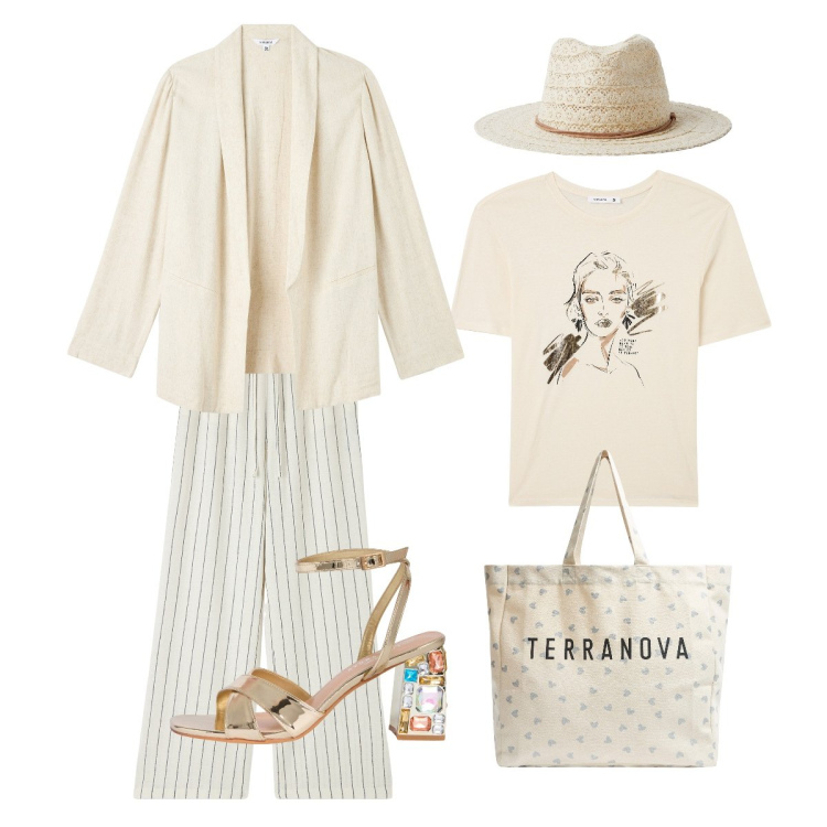 Outfit donna - Golden Lino. Stile Casual chic per Tutti i giorni. Abbinamento con pantaloni, blazer, cappelli, t-shirt, sandali gioiello, shopping bag.