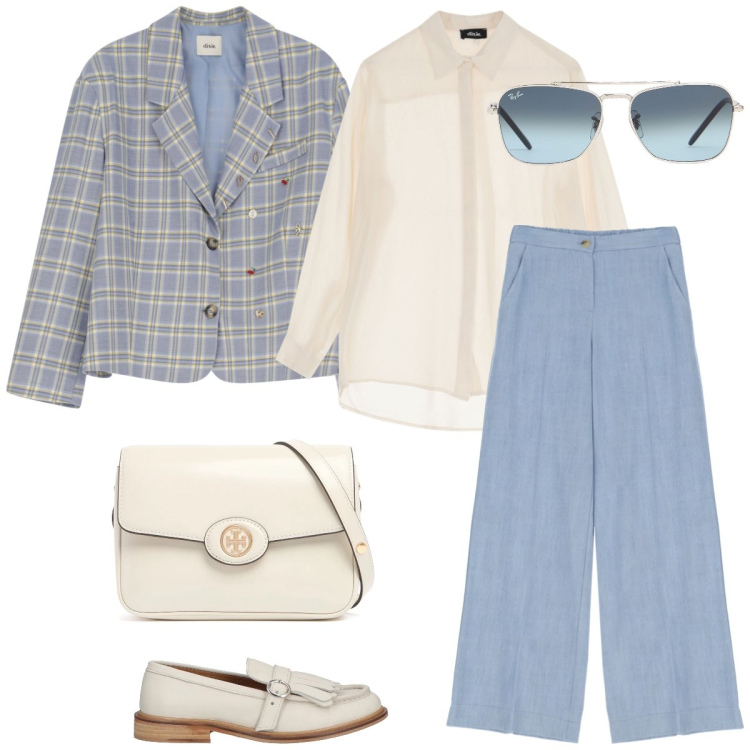 Outfit donna - Ufficio. Stile Casual chic per Ufficio. Abbinamento con mocassini, blazer, camicie, jeans, occhiali da sole, borse a spalla.