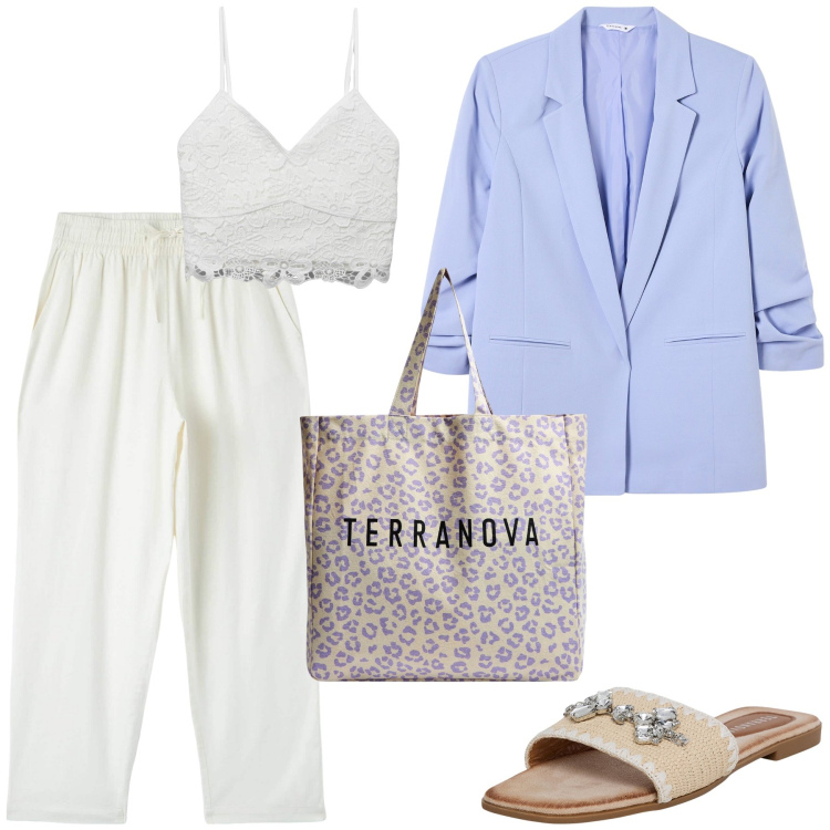 Outfit donna - A spasso in centro. Stile Casual chic per Tutti i giorni. Abbinamento con pantaloni, ciabatte, canottiere, blazer, shopping bag.