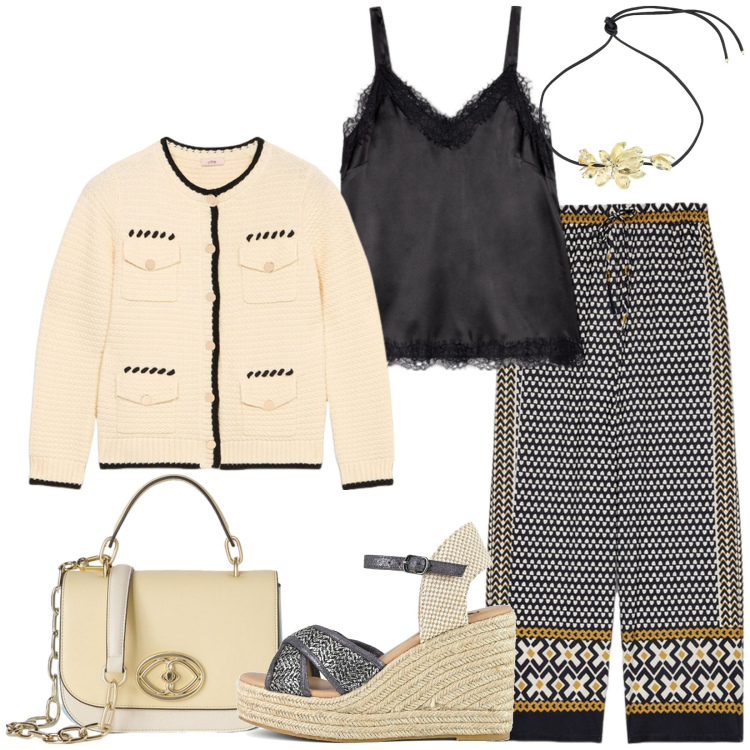 Outfit donna - Total look #2118631. Stile Casual chic per Serata fuori. Abbinamento con collane, pantaloni, zeppe, canottiere, borse a tracolla, cardigans.