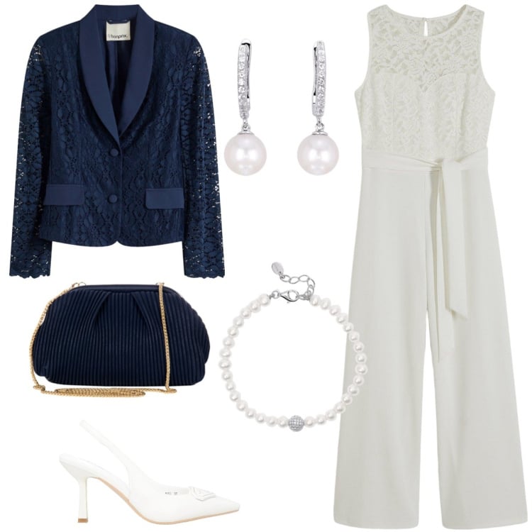 Outfit donna - Cerimonia. Stile Chic per Cerimonia. Abbinamento con tute, blazer, décolleté, pochette, orecchini, braccialetti.