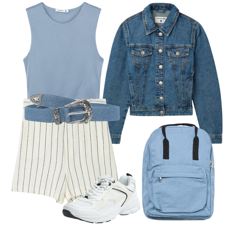 Outfit donna - Trekking. Stile Trendy per Sport. Abbinamento con bermuda, cinture, zaini, sneakers, blazer, top.