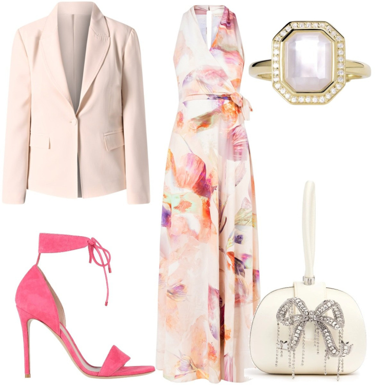 Outfit donna - Total look #2118640. Stile Romantica per Cerimonia. Abbinamento con sandali in pelle, anelli, blazer, vestiti lunghi, pochette.