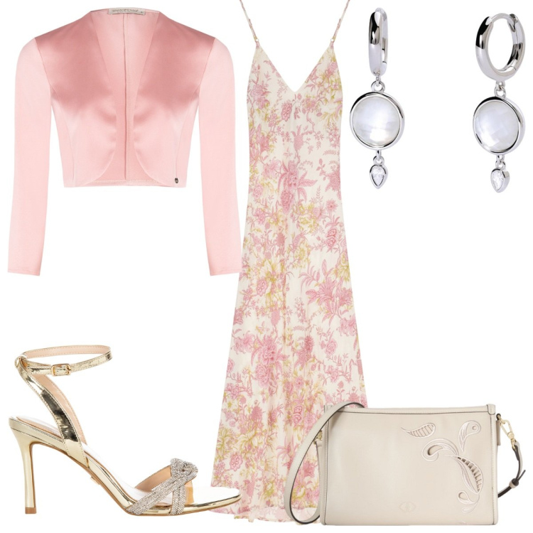 Outfit donna - Total look #2118641. Stile Romantica per Cerimonia. Abbinamento con vestiti lunghi, orecchini, bolero, sandali col tacco, borse a tracolla.