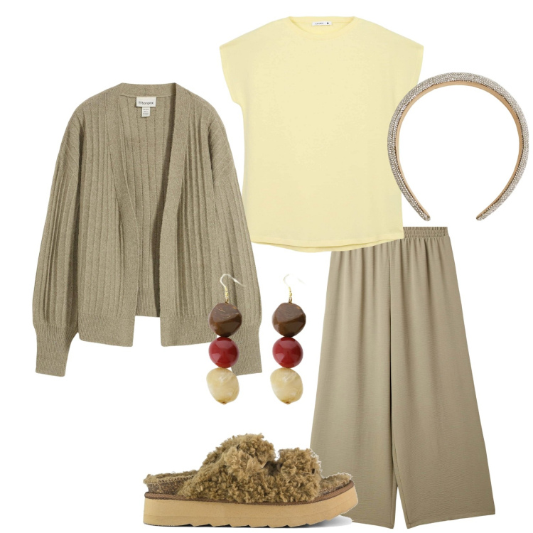 Outfit donna - Total look #2118644. Stile Casual per Tutti i giorni. Abbinamento con cardigans, pantaloni, t-shirt, cerchietti, orecchini, sandali.