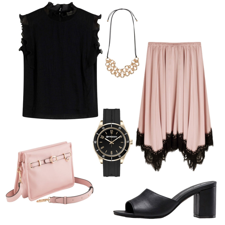 Outfit donna - Total look #2118647. Stile Minimal per Serata fuori. Abbinamento con ciabatte, bluse, orologi, collane, gonne, borse a tracolla.