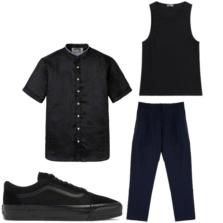 Outfit uomo - Facile. Stile Casual per Tutti i giorni. Abbinamento con camicie a manica corta, pantaloni, canottiere, sneakers.