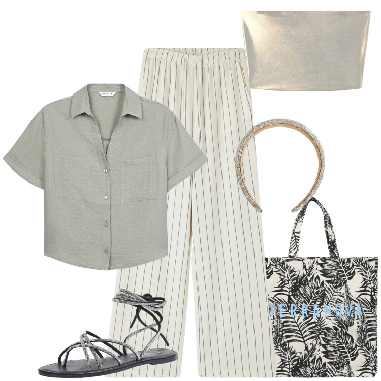 Outfit donna - Total look #2118657. Stile Casual per Mare. Abbinamento con pantaloni, camicie a manica corta, sandali alla schiava, borse tote, top, cerchietti.