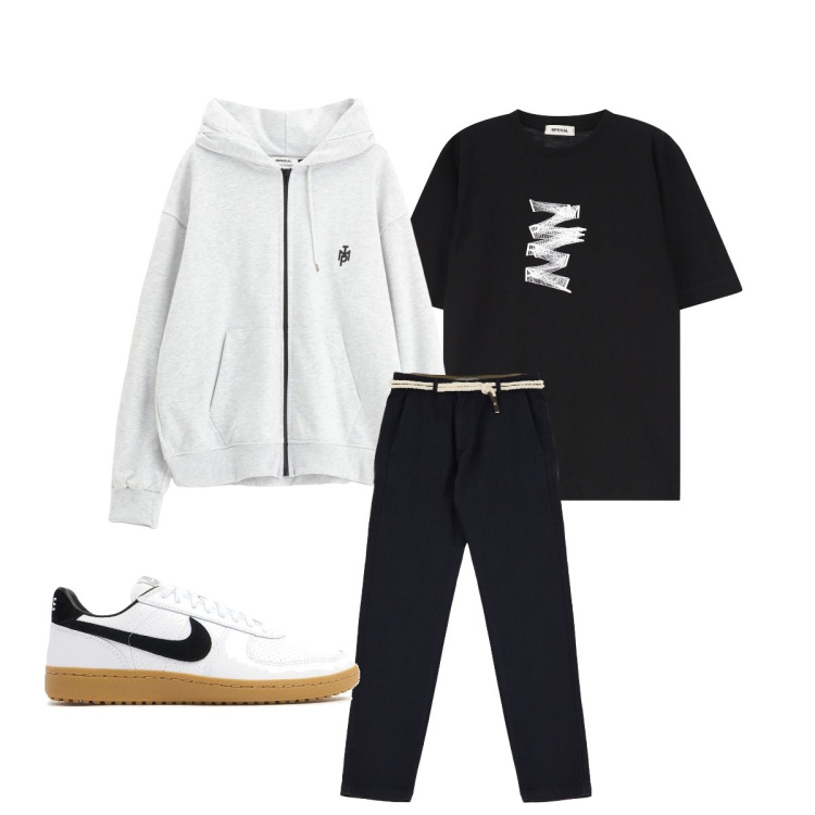 Outfit uomo - Total look #2118664. Stile Trendy per Tutti i giorni. Abbinamento con t-shirt, pantaloni chino, felpe con cappuccio, sneakers.