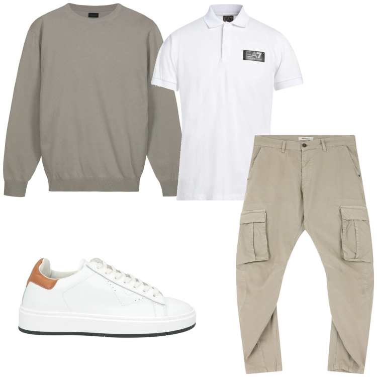 Outfit uomo - Layering primaverile. Stile Casual per Ufficio. Abbinamento con polo, sneakers, pantaloni cargo, maglieria.