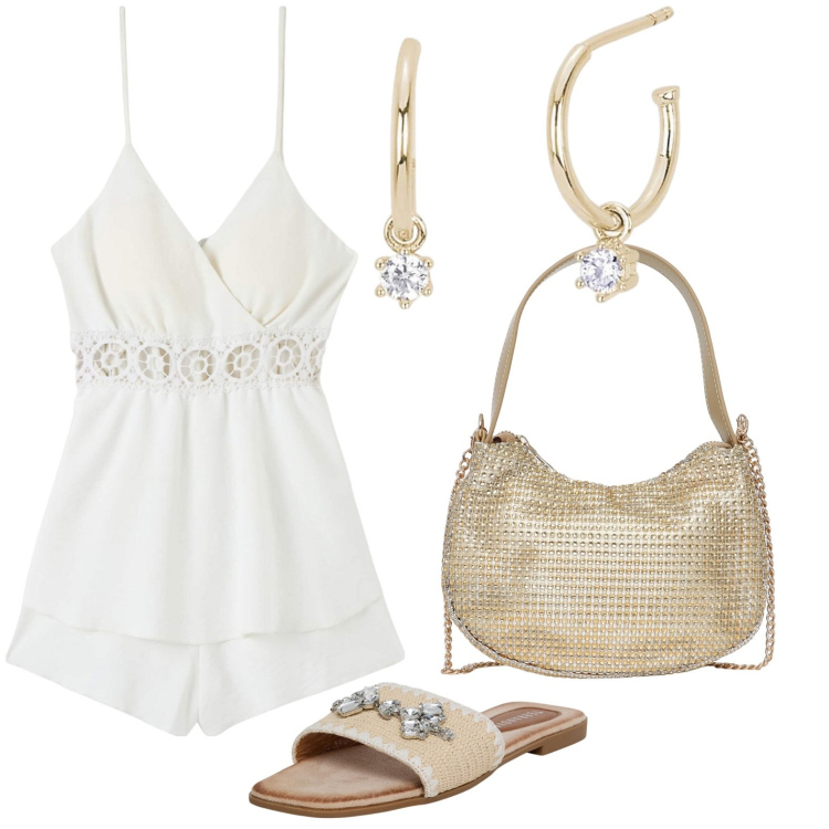 Outfit donna - Festa in spiaggia. Stile Casual chic per Mare. Abbinamento con tuta corta, ciabatte, borse a spalla, orecchini.