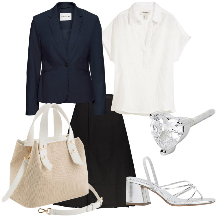 Outfit donna - Total look. Stile Urban per Ufficio. Abbinamento con sandali col tacco, bluse, blazer, orecchini, gonne lunghe, borse a mano.