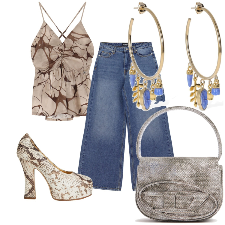 Outfit donna - Aperitivo da gipsy. Stile Glamour per Serata fuori. Abbinamento con décolleté, canottiere, jeans a zampa, orecchini, borse a mano.