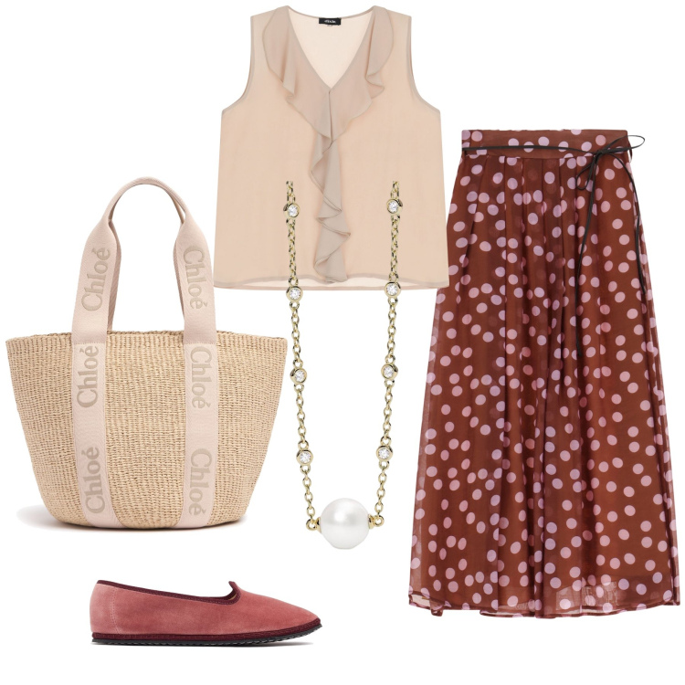 Outfit donna - Vinaccia e beige. Stile Romantica per Tutti i giorni. Abbinamento con collane, gonne lunghe, top, shopping bag, mocassini.
