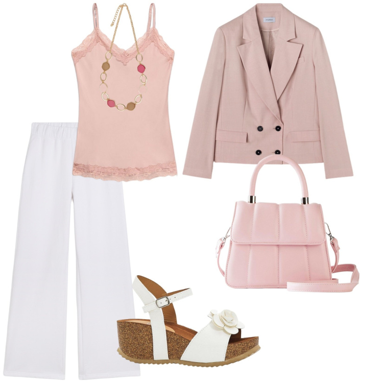 Outfit donna - Due colori. per Tutti i giorni. Abbinamento con sandali, borse a tracolla, pantaloni, collane, top, blazer.