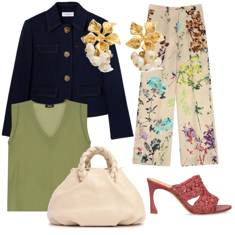 Outfit donna - Total look #2118690. Abbinamento con pantaloni a palazzo, top, pantofole, orecchini, borse a mano, blazer.