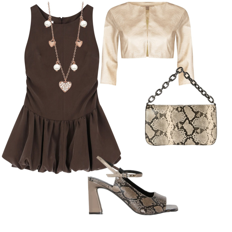 Outfit donna - Serata lungo mare. per Serata fuori. Abbinamento con collane, bolero, vestiti corti, sandali col tacco, borse a tracolla.
