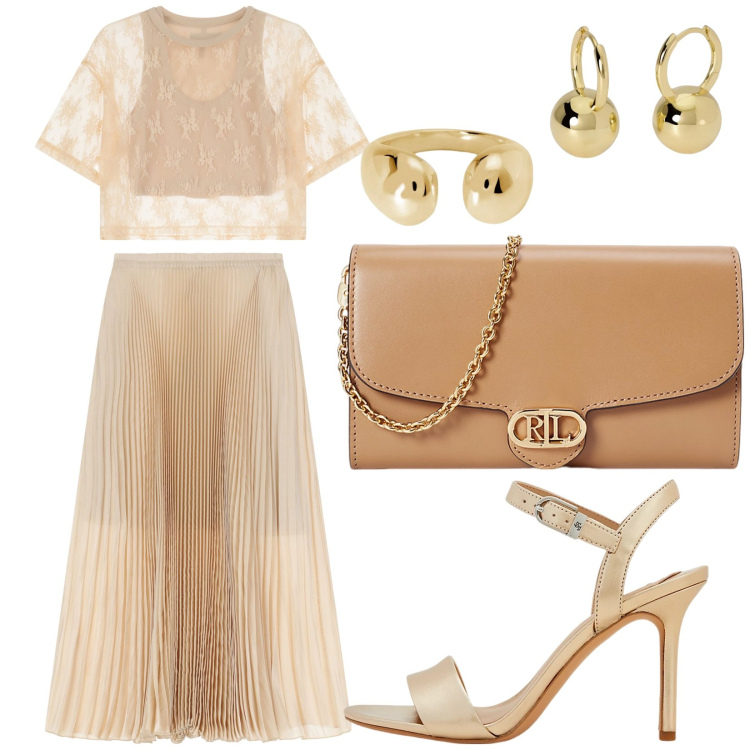 Outfit donna - Trasparenze. Stile Glamour per Ufficio. Abbinamento con orecchini, anelli, gonne lunghe, t-shirt, sandali in pelle, borse a tracolla.