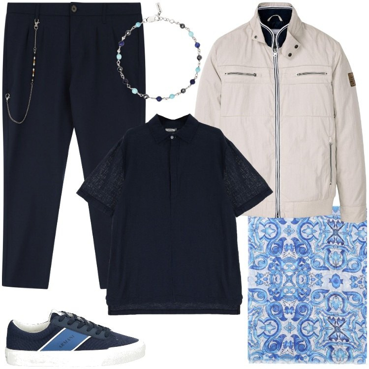 Outfit uomo - Variazioni in blu e metallo. Stile Trendy per Tutti i giorni. Abbinamento con giacche, sneakers, braccialetti, pantaloni, polo, sciarpe e foulard.